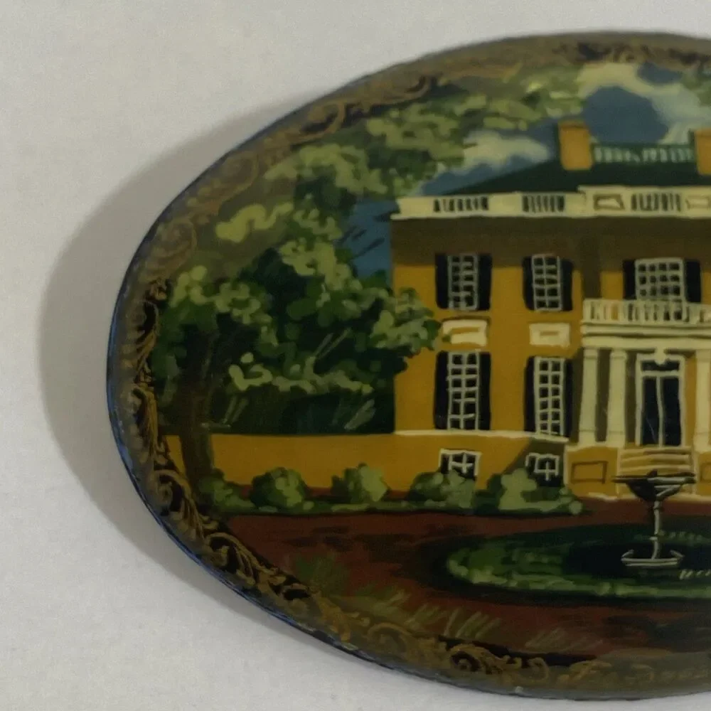Vintage Handpainted Russian‎ Miniature Scene Landscape Brooch With House 2.5”